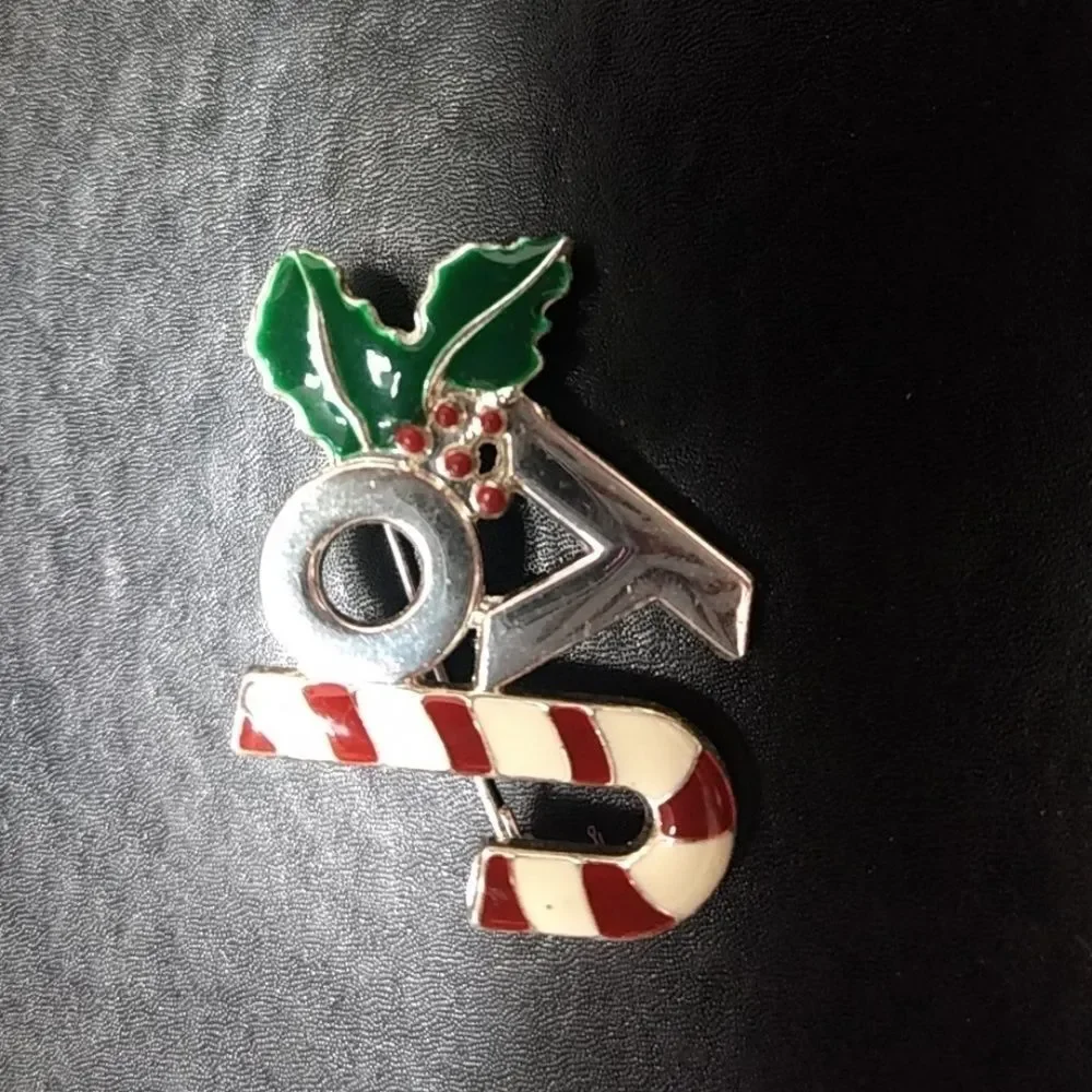 Silver tone joy brooch Candy Cane Holly Red Green